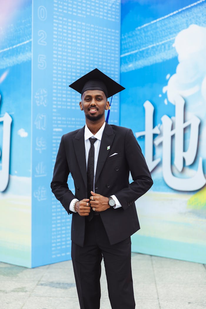 Crafting Captivating Headlines: Your awesome post title goes here Smiling young man in graduation cap and gown against vibrant backdrop, celebrating achievement.